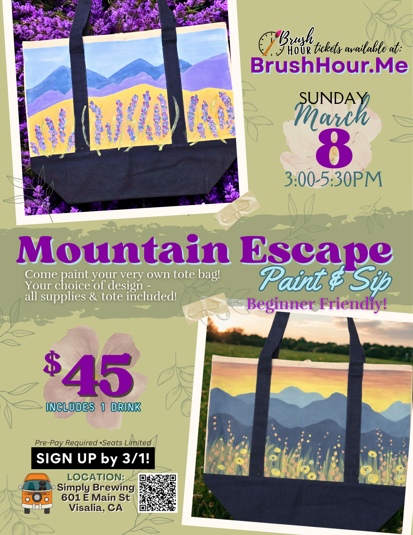 Mountain Escape Tote Bag 🏔️🎨Paint & Sip 3/8 at Simply Brewing