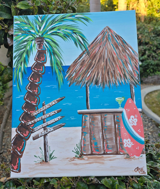 Painting of a tropical hut with palm trees on a wooden surface.