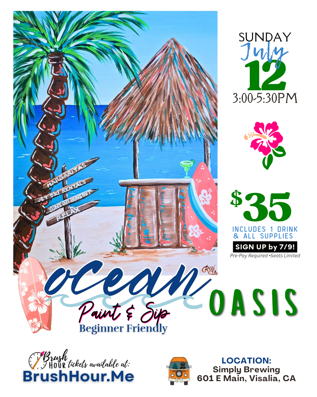 Promotional flyer for 'Ocean Oasis' paint and sip event with beach-themed graphics.