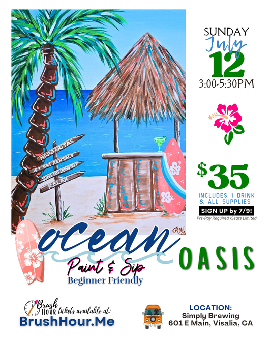 Promotional flyer for 'Ocean Oasis' paint and sip event with beach-themed graphics.