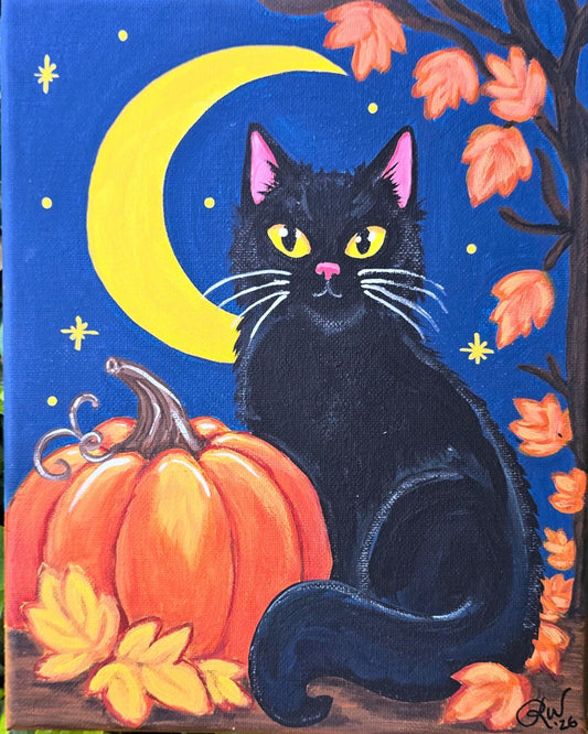 Moonshadow 8x10 paint-at-home acrylic kit painting featuring a black cat, crescent moon, pumpkin, and autumn flowers